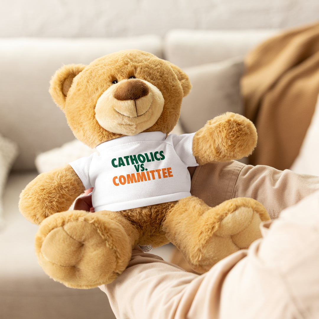 Teddy bear with a Catholics vs. Committe t-shirt