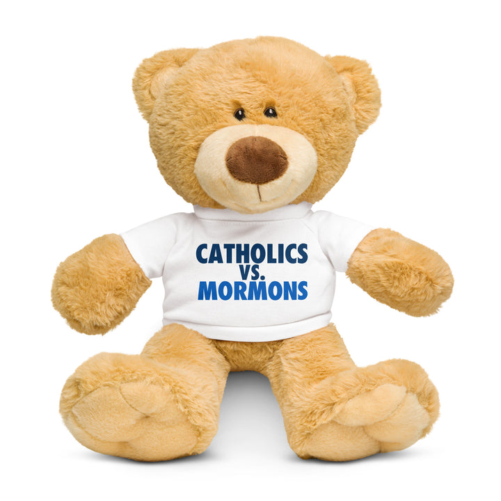 Teddy bear with a Catholics vs. Mormons t-shirt