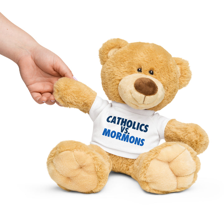 Teddy bear with a Catholics vs. Mormons t-shirt