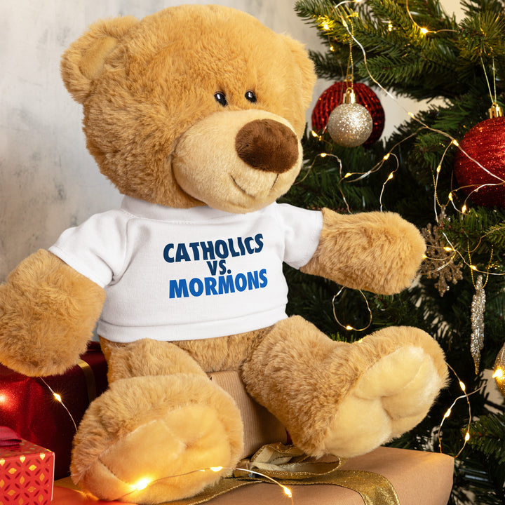 Teddy bear with a Catholics vs. Mormons t-shirt