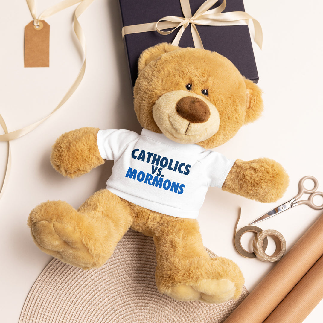 Teddy bear with a Catholics vs. Mormons t-shirt