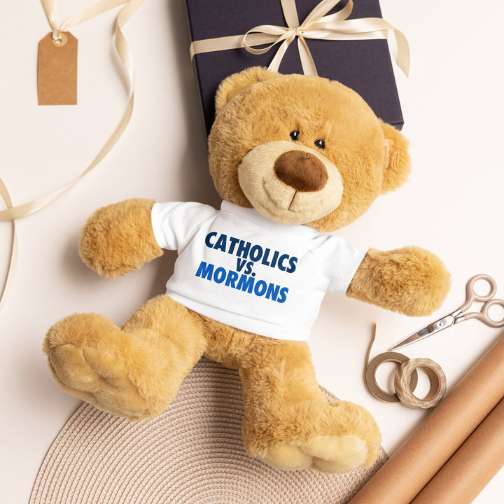 Teddy bear with a Catholics vs. Mormons t-shirt