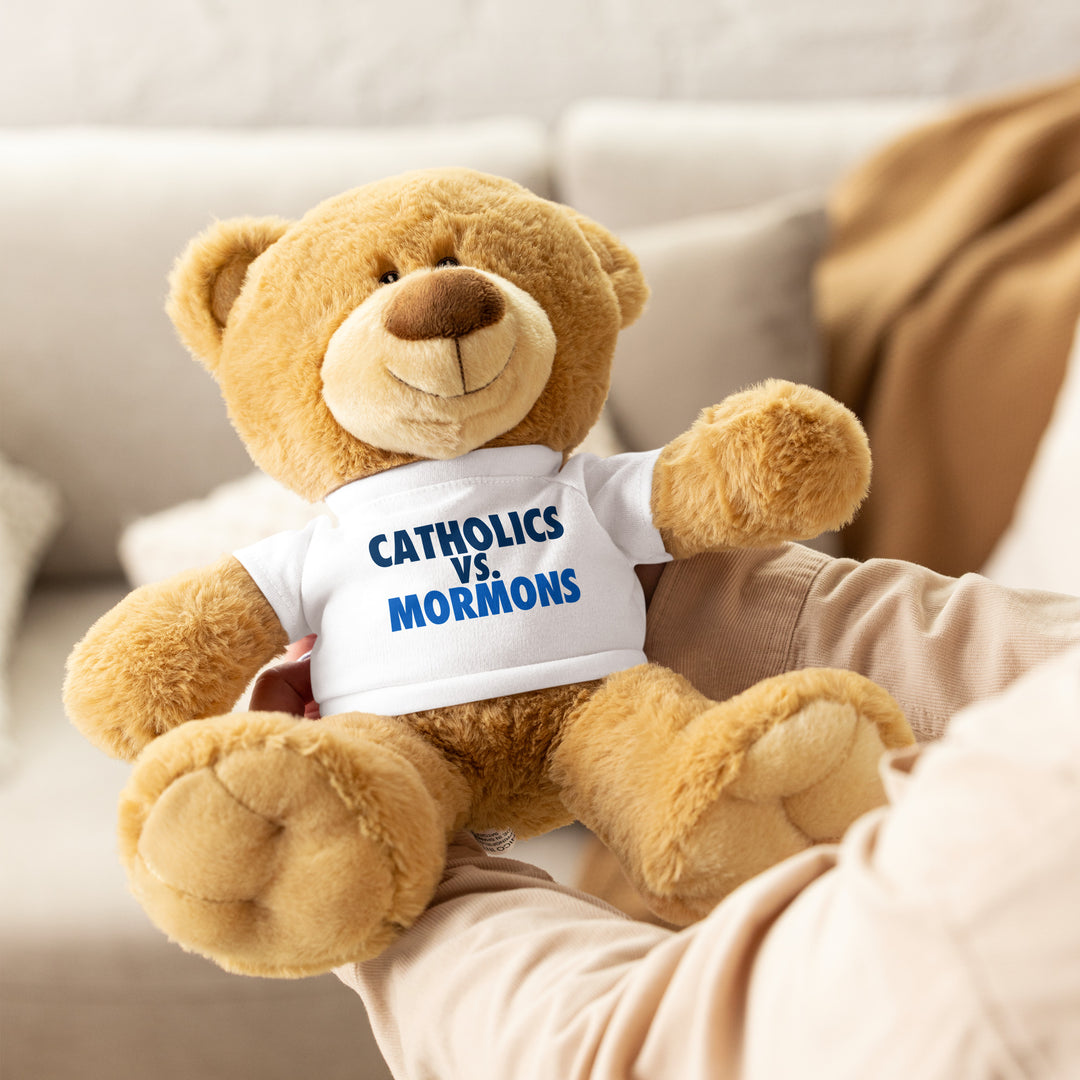 Teddy bear with a Catholics vs. Mormons t-shirt